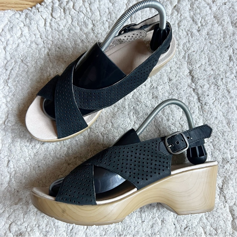 Dansko: Jacinda Black Perforated Leather Strappy Wedge Sandals Size 42